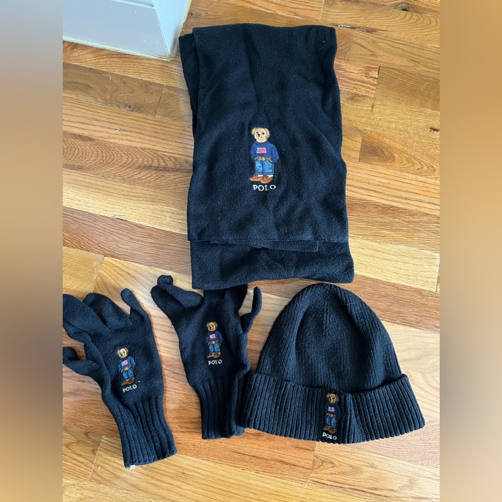 Used Polo Scarf, Gloves , Hat Teddy Bear Set